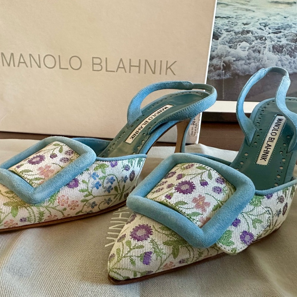 Manolo Blahnik Blue and Cream Floral Heels